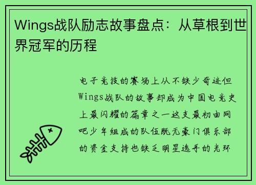 Wings战队励志故事盘点：从草根到世界冠军的历程
