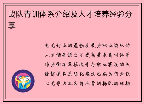 战队青训体系介绍及人才培养经验分享