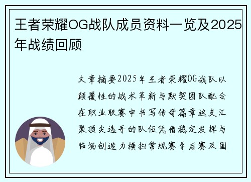 王者荣耀OG战队成员资料一览及2025年战绩回顾